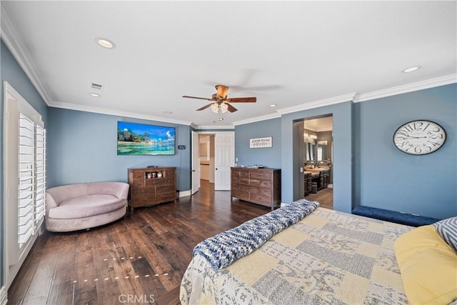 bedroom featuring dark wood-style floors, recessed lighting, ornamental molding, and ceiling fan