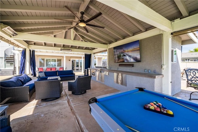 view of patio / terrace featuring ceiling fan, stairway, and outdoor lounge area