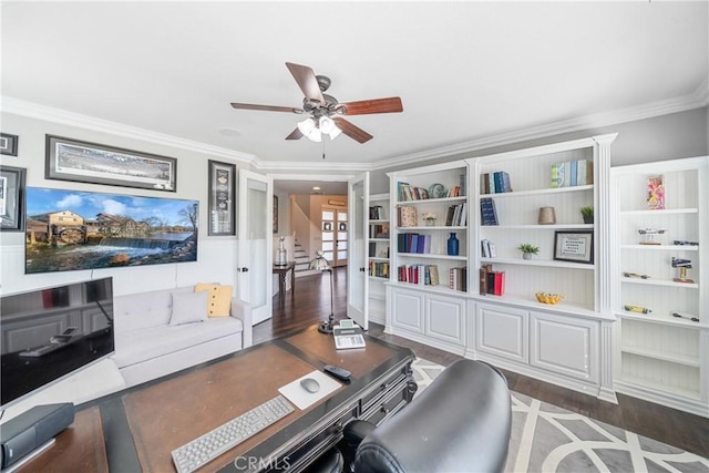 home office featuring ceiling fan, ornamental molding, and dark wood-style flooring