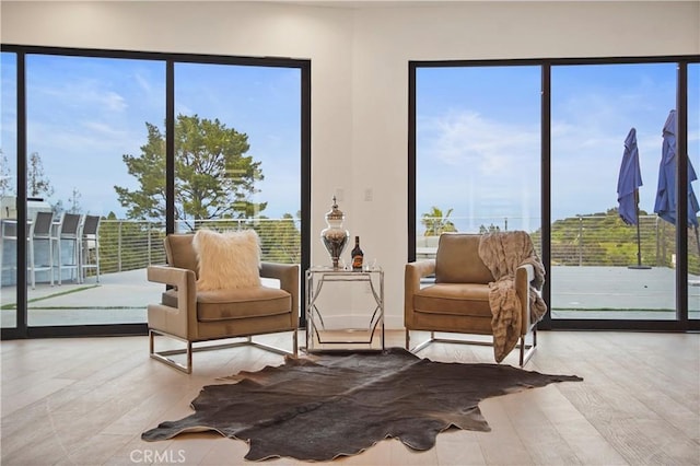 sitting room featuring plenty of natural light and light hardwood / wood-style flooring