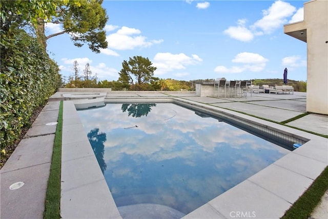 view of swimming pool featuring an outdoor bar and a patio