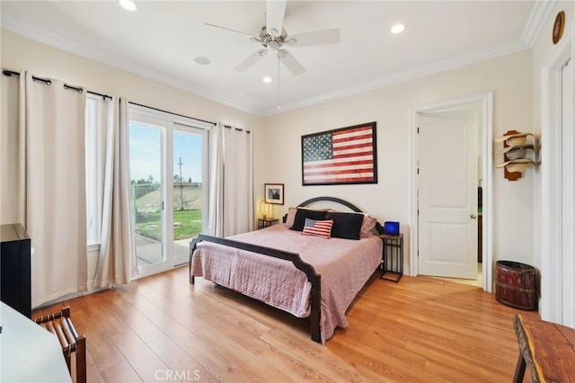 4210 Crestview Dr, Norco, CA 92860 - bedroom with access to outside, light wood-style floors, ornamental molding, recessed lighting, and ceiling fan