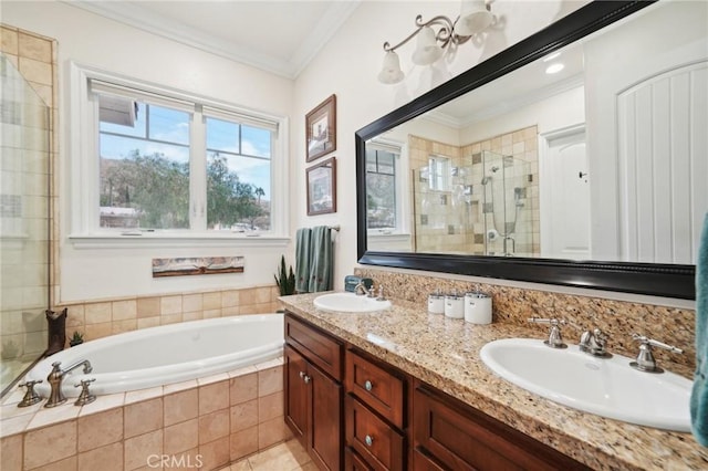 4210 Crestview Dr, Norco, CA 92860 - bathroom featuring a shower stall, a bath, double vanity, ornamental molding, and tile patterned flooring