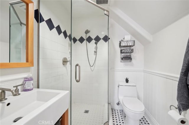 4210 Crestview Dr, Norco, CA 92860 - bathroom featuring a stall shower, vanity, and wainscoting