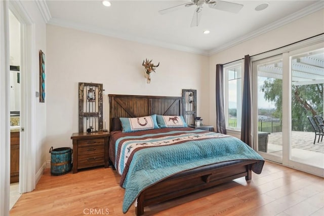 4210 Crestview Dr, Norco, CA 92860 - bedroom featuring access to outside, light wood-style floors, crown molding, recessed lighting, and ceiling fan