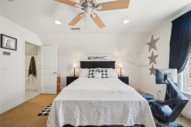 4210 Crestview Dr, Norco, CA 92860 - bedroom with carpet floors, recessed lighting, vaulted ceiling, and ceiling fan