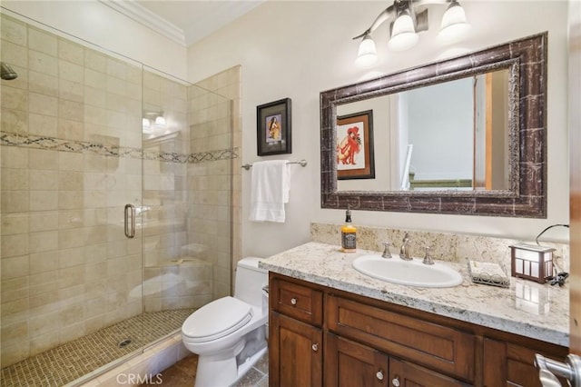 4210 Crestview Dr, Norco, CA 92860 - bathroom with vanity, a shower stall, and ornamental molding