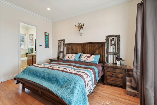 4210 Crestview Dr, Norco, CA 92860 - bedroom with light wood-style flooring, ornamental molding, ensuite bath, and recessed lighting