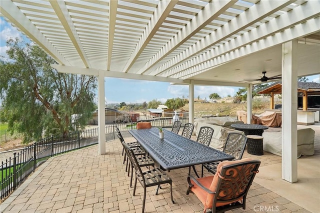 4210 Crestview Dr, Norco, CA 92860 - fenced backyard with a pergola, a patio, a ceiling fan, and outdoor dining space