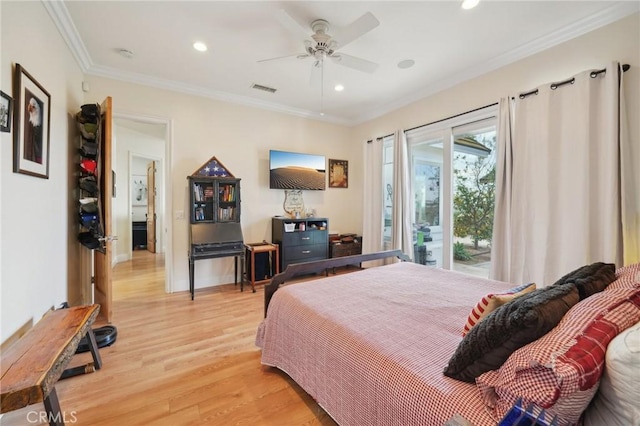 4210 Crestview Dr, Norco, CA 92860 - bedroom with light wood-style floors, recessed lighting, ornamental molding, and ceiling fan