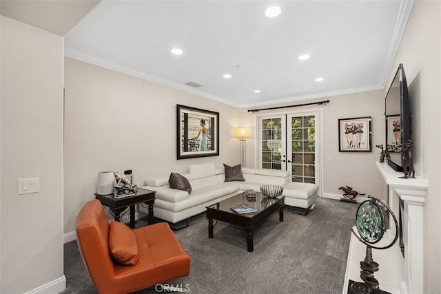 living room with french doors, crown molding, recessed lighting, dark carpet, and baseboards