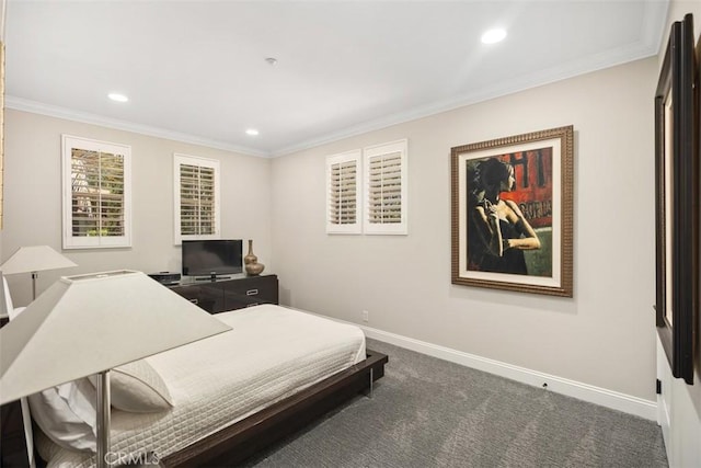 bedroom featuring crown molding, recessed lighting, dark carpet, and baseboards