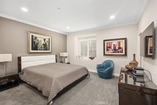 bedroom featuring ornamental molding, recessed lighting, carpet flooring, and baseboards