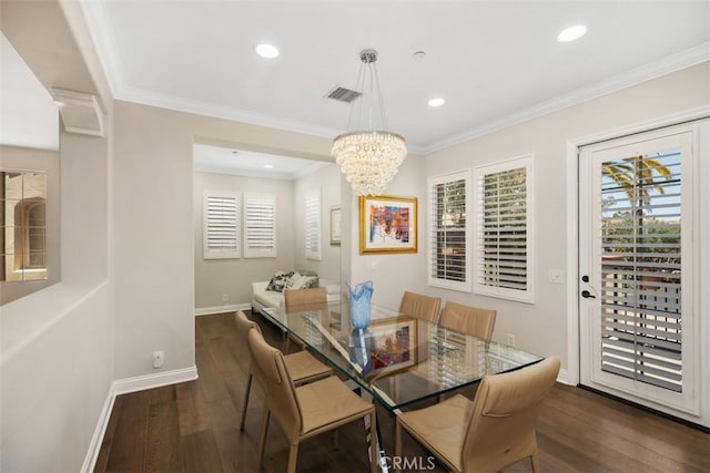 dining area with recessed lighting, dark wood-style flooring, visible vents, baseboards, and ornamental molding