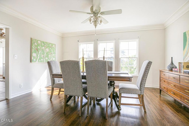 dining room with baseboards, dark wood-style flooring, a ceiling fan, and crown molding