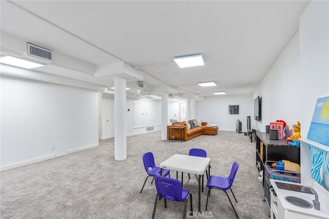 game room with carpet flooring, baseboards, and visible vents