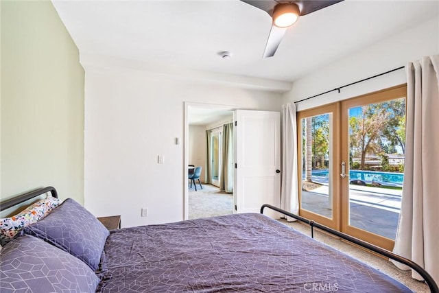 bedroom featuring french doors, ceiling fan, carpet flooring, and access to outside