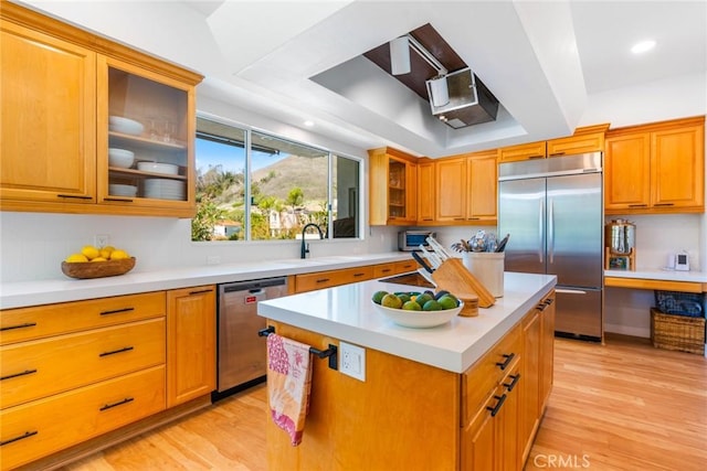 kitchen with appliances with stainless steel finishes, light wood-type flooring, light countertops, and a sink