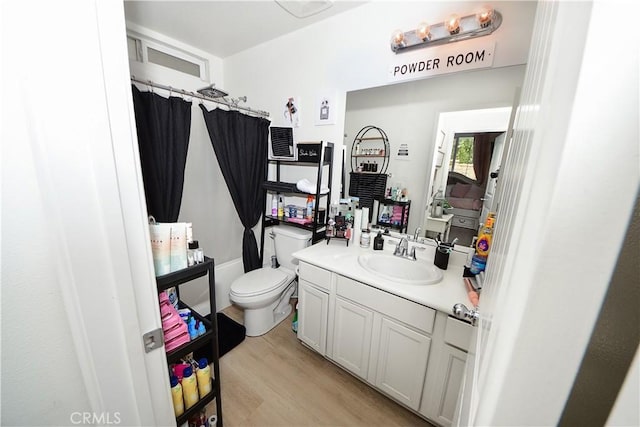 bathroom featuring toilet, vanity, and wood-type flooring