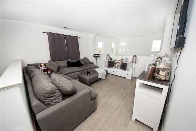 living room with a healthy amount of sunlight and light hardwood / wood-style flooring