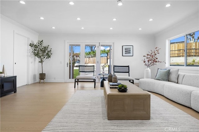 living room with plenty of natural light, light wood-type flooring, and crown molding