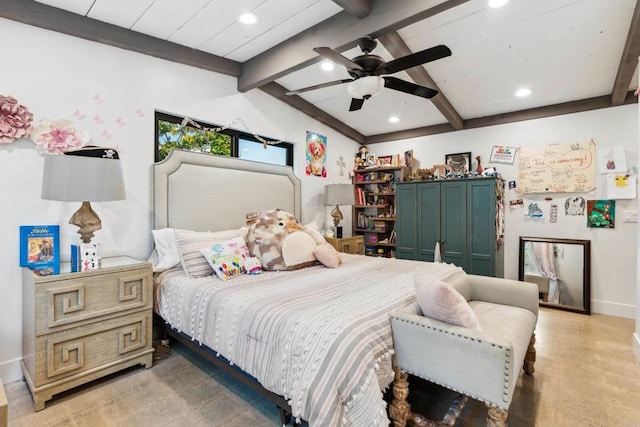 bedroom featuring ceiling fan and beam ceiling