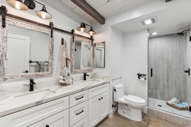 bathroom with beam ceiling, an enclosed shower, vanity, and toilet