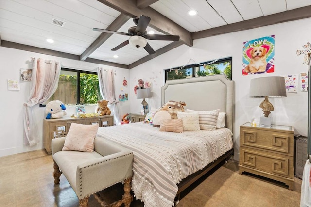 bedroom featuring ceiling fan and lofted ceiling with beams