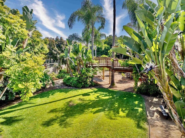 view of yard with a wooden deck