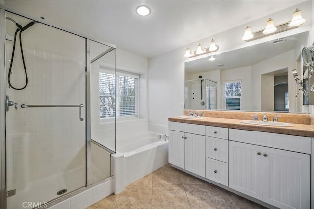 40241 Courtland Way, Temecula, CA 92591 - bathroom with vanity, shower with separate bathtub, and tile patterned floors
