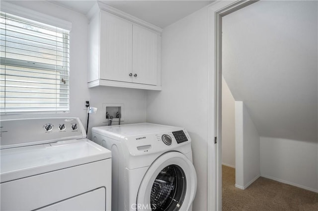 40241 Courtland Way, Temecula, CA 92591 - clothes washing area featuring cabinets, light carpet, and washer and clothes dryer