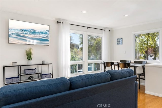 living room with hardwood / wood-style floors and crown molding