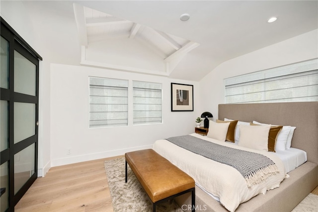 bedroom with lofted ceiling with beams, recessed lighting, baseboards, and light wood-style floors