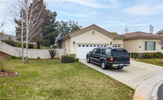 view of front facade with driveway, a garage, stone siding, a front lawn, and stucco siding