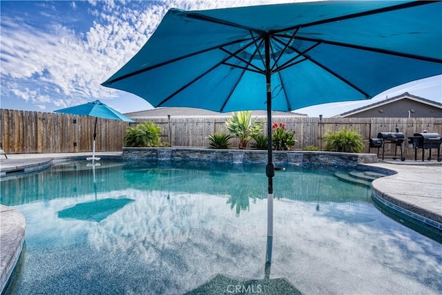 view of swimming pool with a patio area and a grill