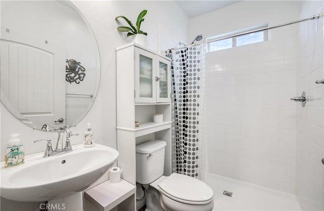 bathroom with sink, a shower with curtain, and toilet