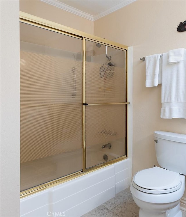 full bathroom featuring toilet, shower / bath combination with glass door, and ornamental molding