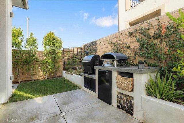 view of patio / terrace with an outdoor bar, a grill, a fenced backyard, and area for grilling