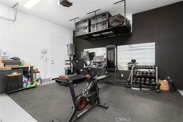 exercise area featuring a garage