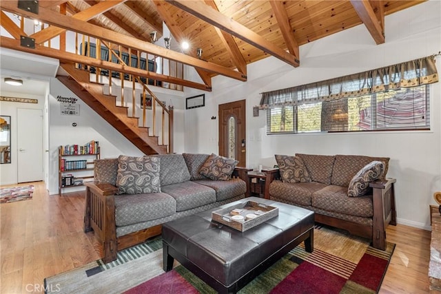 1707 Twin Lakes Dr, Wrightwood, CA 92397 - living room with wood finished floors, wood ceiling, stairs, beam ceiling, and high vaulted ceiling
