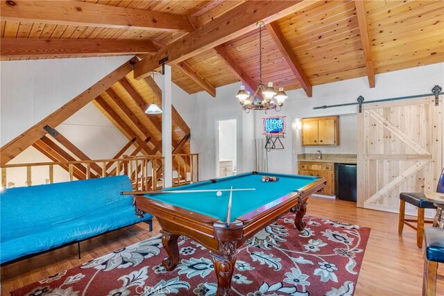 1707 Twin Lakes Dr, Wrightwood, CA 92397 - playroom featuring light wood finished floors, wood ceiling, a barn door, pool table, and a chandelier