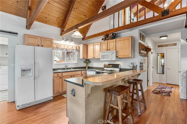 1707 Twin Lakes Dr, Wrightwood, CA 92397 - kitchen with white appliances, a sink, light brown cabinets, light wood-type flooring, and wood ceiling