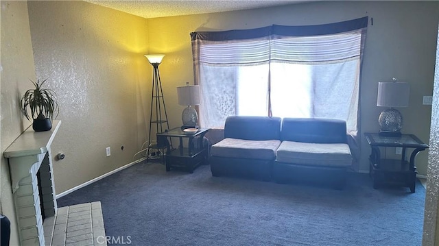 living area featuring carpet, a textured wall, a textured ceiling, and baseboards