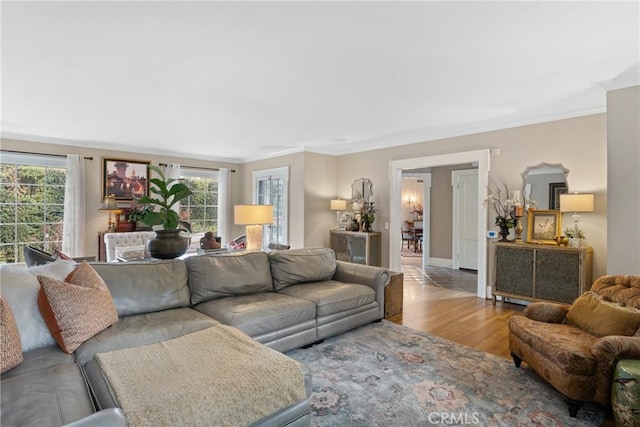 1205 W Highland Ave, Redlands, CA 92373 - living room featuring plenty of natural light, crown molding, and wood finished floors