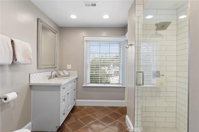 1205 W Highland Ave, Redlands, CA 92373 - full bath with a shower stall, tile patterned floors, vanity, baseboards, and recessed lighting
