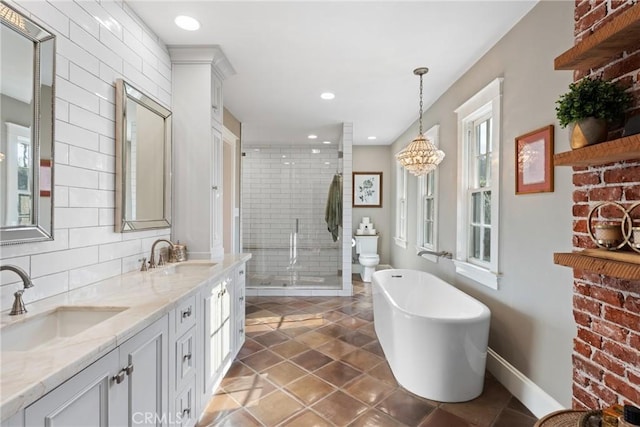 1205 W Highland Ave, Redlands, CA 92373 - full bathroom with a shower stall, tile patterned floors, baseboards, a soaking tub, and double vanity