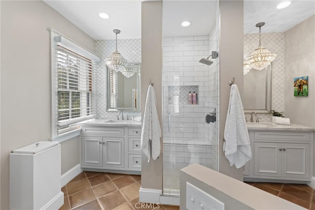 1205 W Highland Ave, Redlands, CA 92373 - bathroom featuring a chandelier, a walk in shower, tile patterned flooring, and recessed lighting