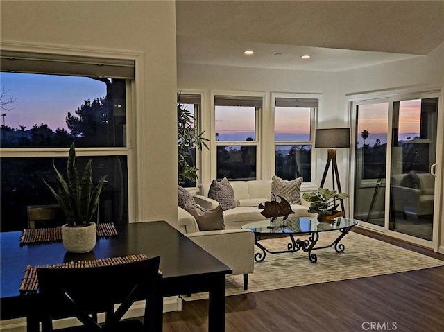 interior space with a wealth of natural light, wood finished floors, and recessed lighting