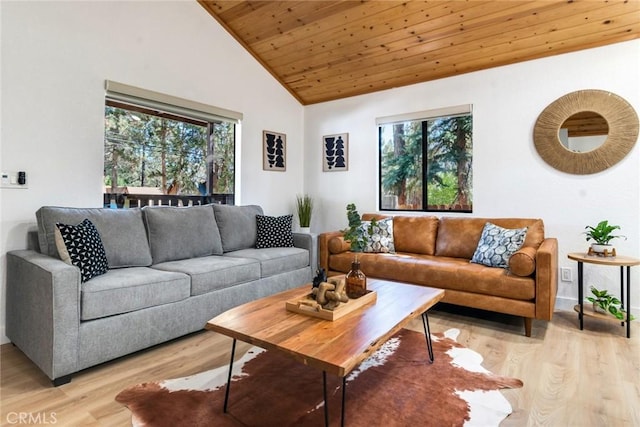 living room with high vaulted ceiling, a wealth of natural light, wood ceiling, and light hardwood / wood-style flooring