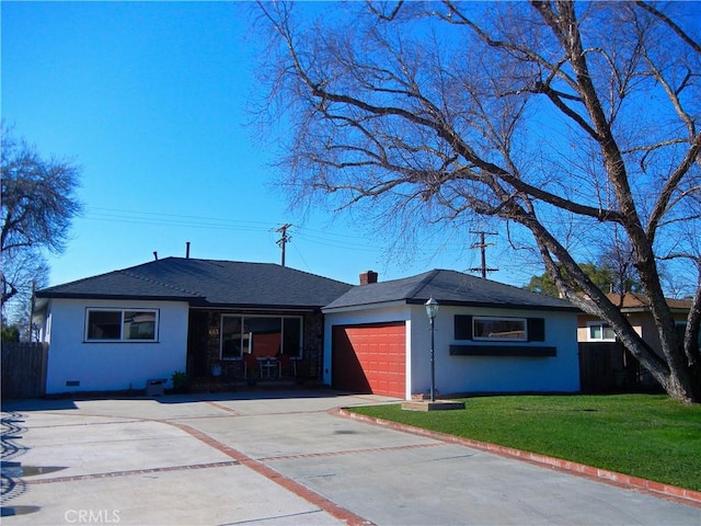 ranch-style house with an attached garage, fence, driveway, a front lawn, and a chimney